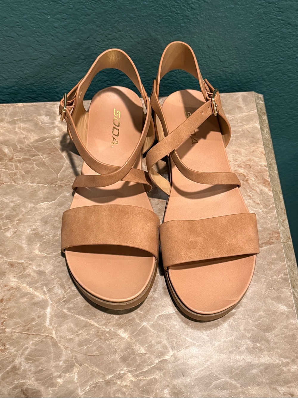 Soda Tan Cross-Strap Flat Sandals with Ankle Buckle